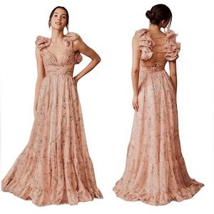 Mac Duggal Chiffon Maxi Gown Floral Backless Padded Cutout Ruffle Pink Green